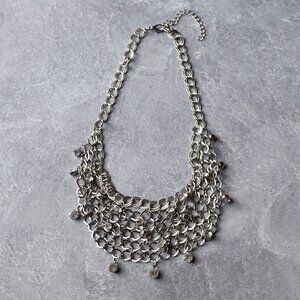 Y2K Silver Chainmail / Fishnet Bib Statement Necklace With Crystal Charms